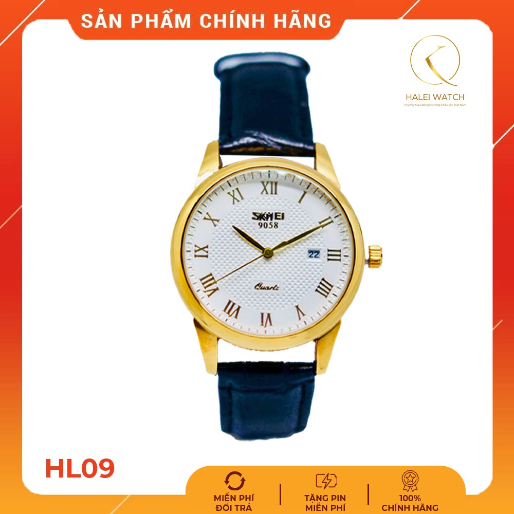 Đồng hồ nam chính hãng SKMEI sang trọng, dây da cá sấu đen , mặt vàng , lịch lãm , chống nước chống nước chuẩn 3ATM