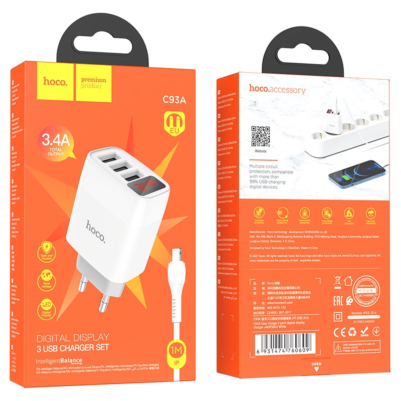 Bộ sạc 3.4A Hoco C93A đèn LED báo sạc, 3 cổng USB, cho IP, Micro,Type-C dây dài 1m - Chính hãng