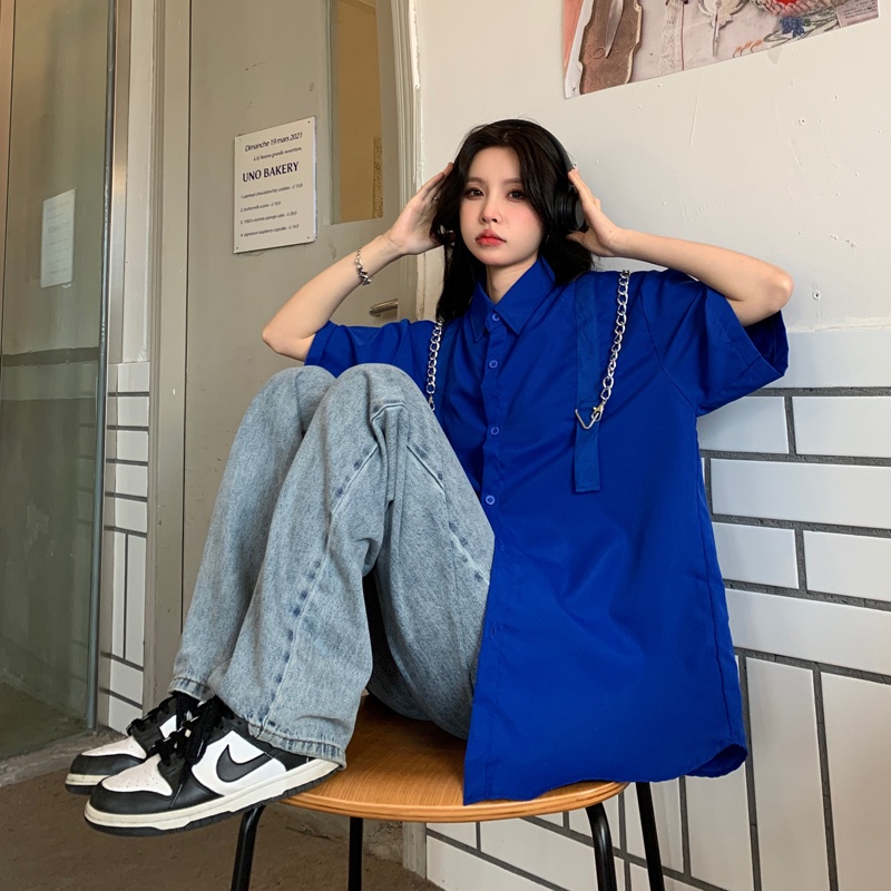 SUXI Áo Sơ Mi Tay Ngắn Dáng Rộng Màu Sắc Đơn Giản Thời Trang Mùa Hè Cho Nam Và Nữ