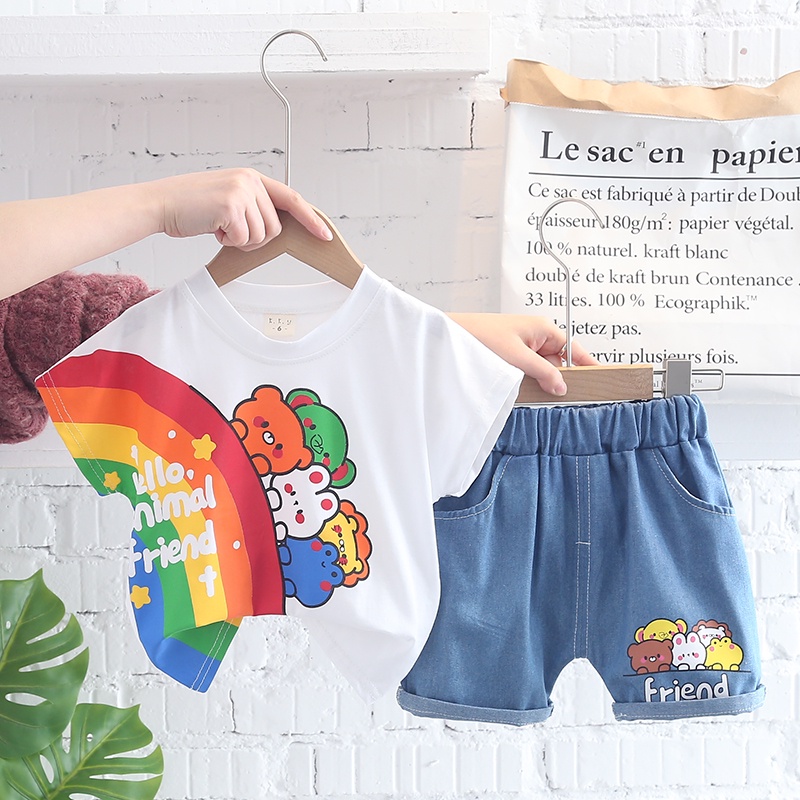 Bộ Trang Phục 2 Mảnh Gồm Áo Thun Tay Ngắn In Họa Tiết Hoạt Hình + Quần short denim Cho Bé Trai