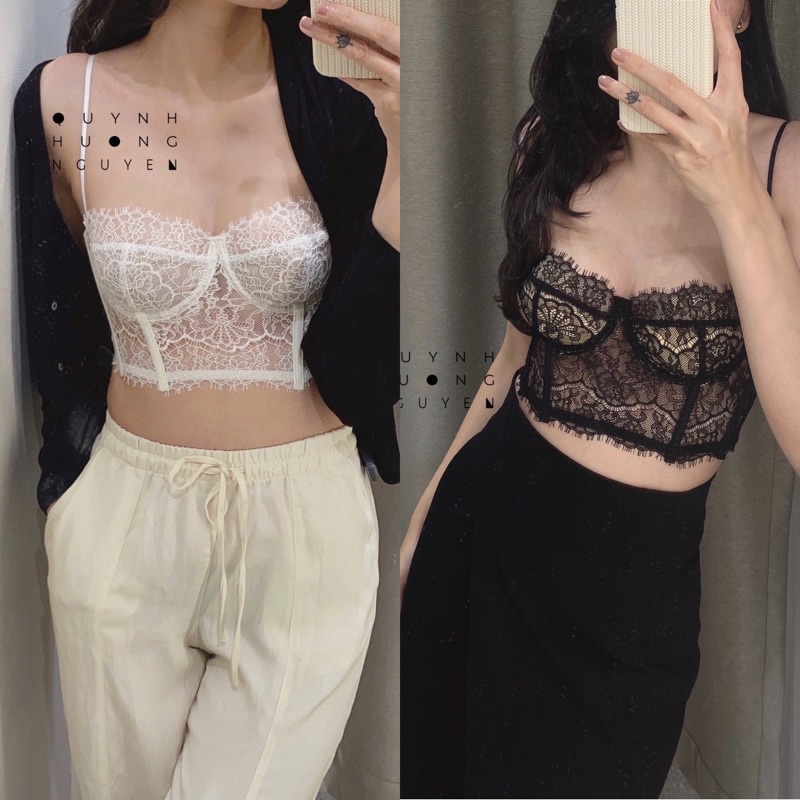 Áo bra nữ thiết kế dáng corset ren mi cao cấp màu đen có gọng (tặng kèm mút)