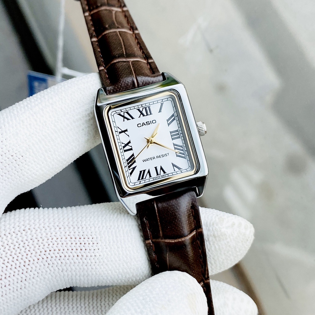 Đồng hồ Nữ Casio LTP-V007L-7B2, đồng hồ chính hãng, dây da nâu mặt trắng, chỉ vàng LA MÃ