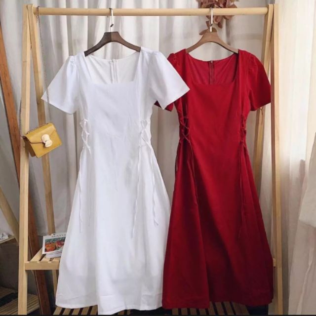 Đầm trắng midi dây rút eo dự tiệc thiết kế