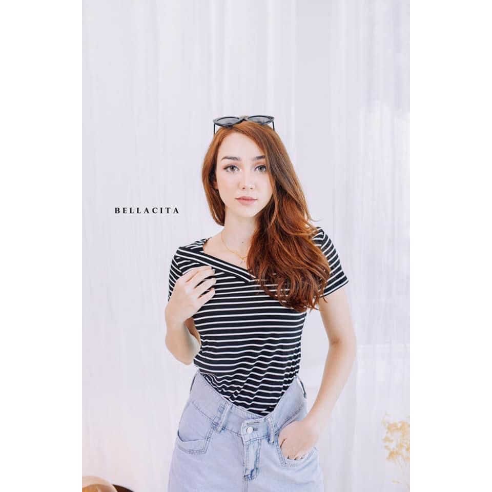 Áo phông thun thái BELLACITA cổ thuyền sọc ngang (FREESIZE)