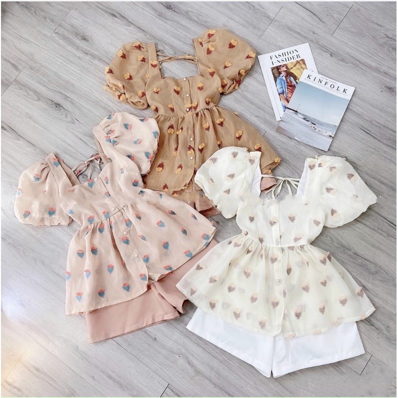 Set áo babydoll hoa nổi tay phồng buộc nơ + quần short lưng thun 5 màu trắng / hồng / nâu / tím / nude