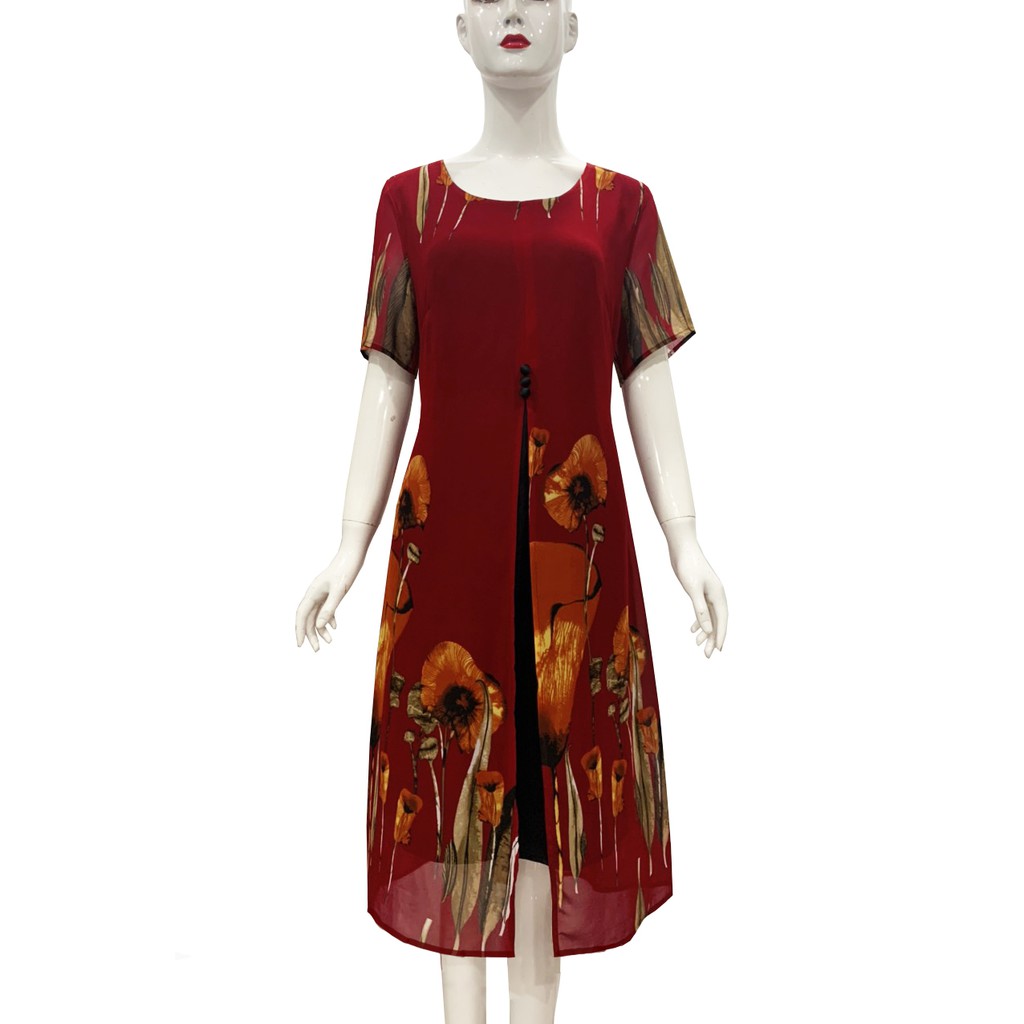 GOTI Đầm Trung Niên Size Lớn Dự Tiệc Kiểu Dáng Suông Voan Phối Phi Lụa In Hoa Cho Mẹ U50 U60 3301 | BigBuy360 - bigbuy360.vn