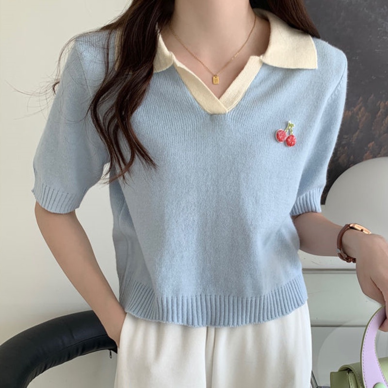 Áo Thun Polo Dệt Kim Tay Ngắn Màu Sắc Tương Phản Phong Cách Hàn Quốc 174855 Áo Dáng Ôm Dễ Phối Đồ Hợp Thời Trang