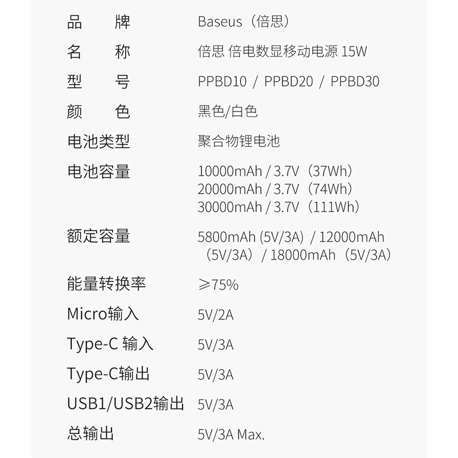 Pin dự phòng sạc Baseus Bipow 30000mAh sạc nhanh 15W, màn hình LCD (Đen) - Hãng phân phối