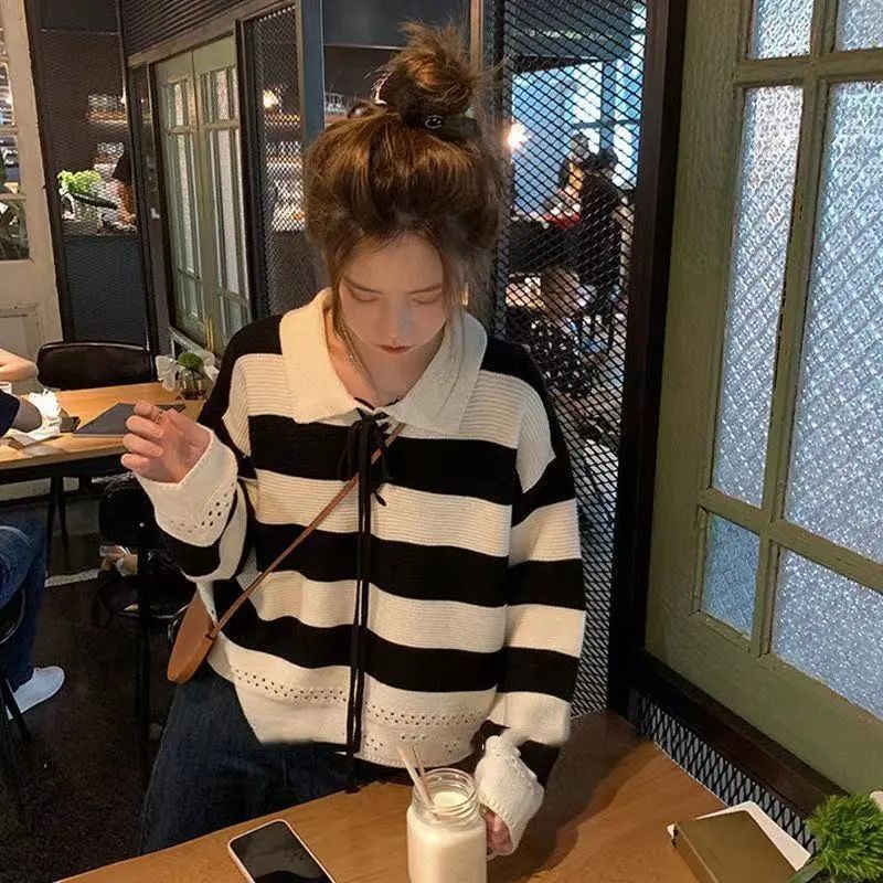 Áo Sweater Dệt Kim Dáng Rộng Họa Tiết Kẻ Sọc Thời Trang Thu Đông Mới Cho Nữ