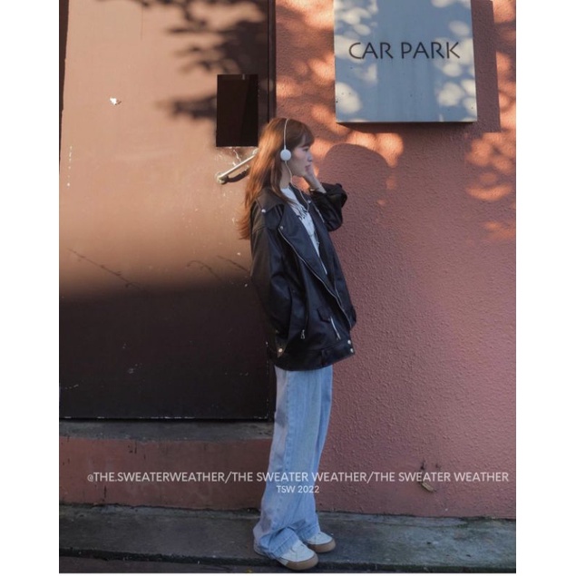 Áo khoác da đen nam nữ khóa chéo cá tính form rộng oversize dày dặn hàng Quảng Châu