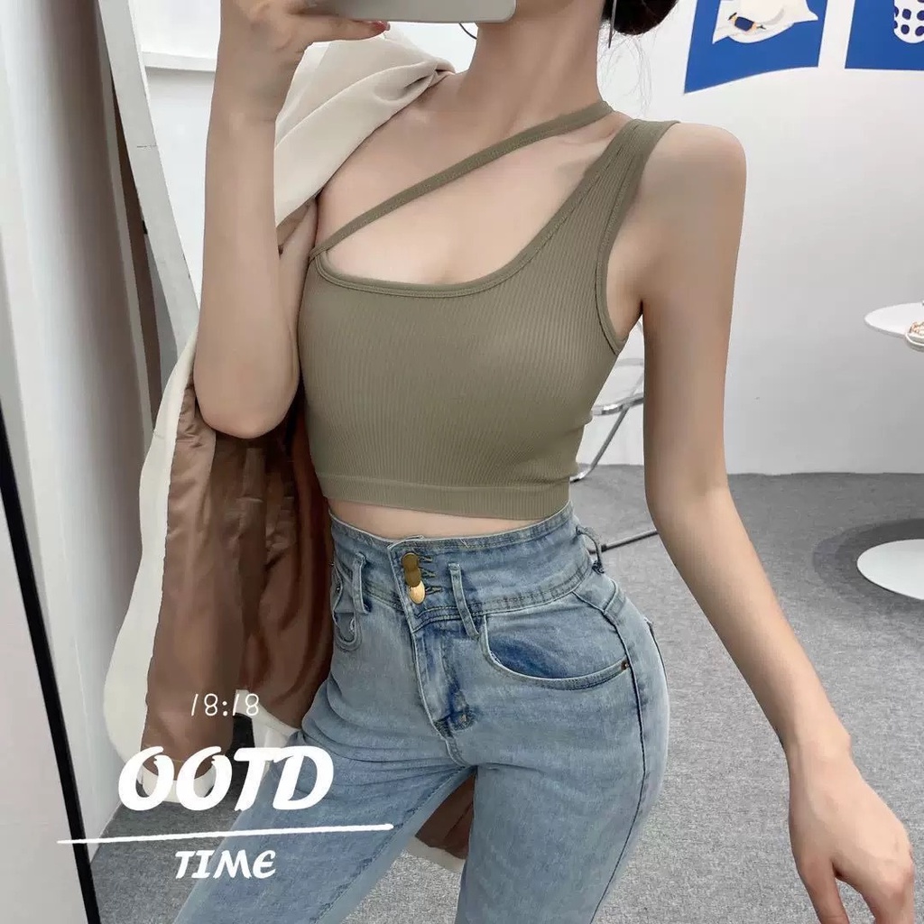 Áo croptop hai dây hở vai lệch kèm đệm mút dễ phối đồ sexy năng động chất thun tăm co giãn 4 chiều hàng Quảng Châu AN08 | BigBuy360 - bigbuy360.vn