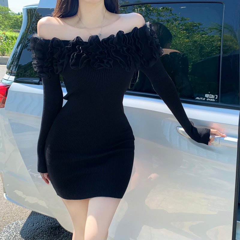 Đầm nữ dệt kim trễ vai tay dài dáng ôm thời trang phong cách Trung Hoa