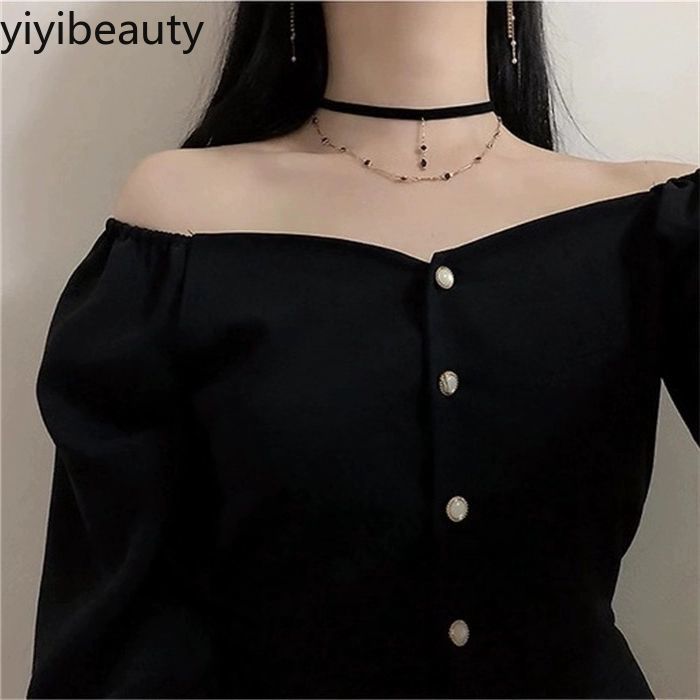 Đầm ngắn tay phồng eo cao dáng ôm phối một hàng nút phong cách mùa thu Hàn Quốc cho nữ | BigBuy360 - bigbuy360.vn