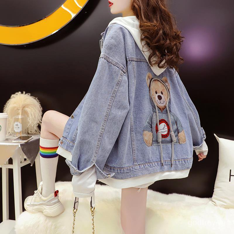 Áo khoác denim cổ bẻ màu trơn/ có mũ trùm đầu họa tiết gấu hoạt hình dáng rộng phong cách Hàn Quốc thời trang cho nữ