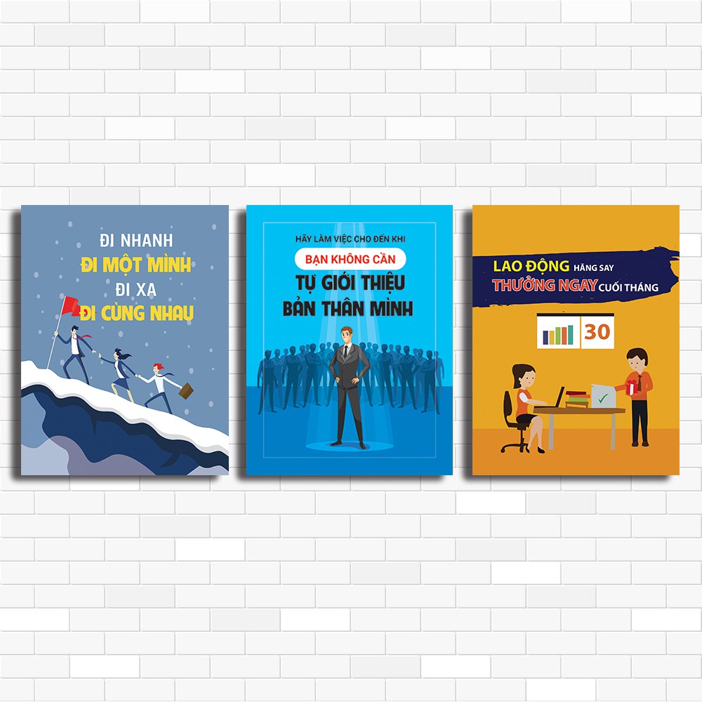 Tranh văn phòng- Bộ 3 tranh slogan tạo động lực làm việc, vải canvas kim tuyến căng khung gỗ, tặng kèm đinh treo tranh