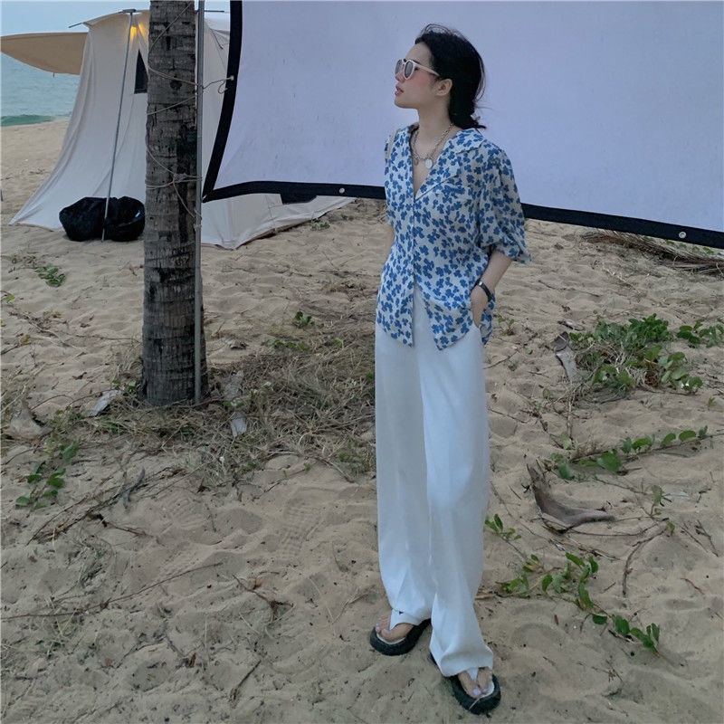 Bộ Áo Sơ Mi In Hoa Phối Quần Dài Kiểu Retro Thiết Kế Dễ Thương Cho Nữ