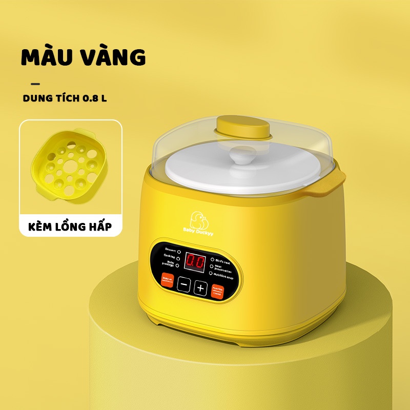 Nồi nấu cháo chậm Baby Duckyy, Hầm Cháo Chậm, Ninh Đa Năng Cho Bé_Baby Duckyy KALI 001 0.8L_Kèm Lồng Hấp BH 12T 5.0 73 Đ