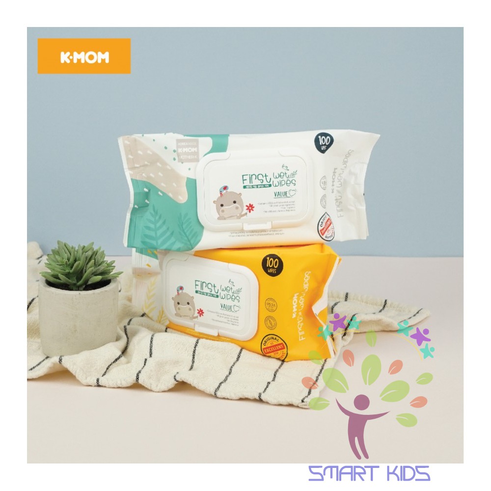 KHĂN ƯỚT CAO CẤP K-MOM FIRST WET WIPES VÂN NỔI CÓ NẮP (100C) HÀN QUỐC