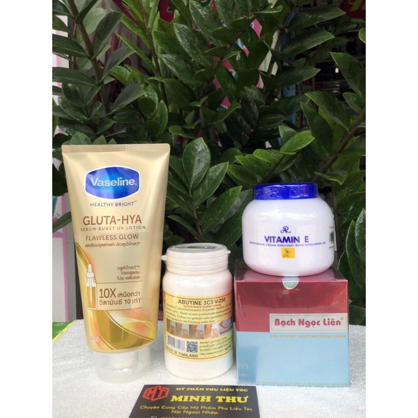 COMBO 4 MÓN Siêu dưỡng trắng. Kem body bạch ngọc liên + vaseline x10 +abutine +dưởng e