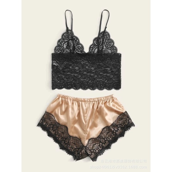 Bộ Đồ Ngủ Quần Lụa Áo Ren Gợi Cảm Quyến Rũ  [CWEAR.SEXY_ĐỒ NGỦ &amp; NỘI Y CAO CẤP]