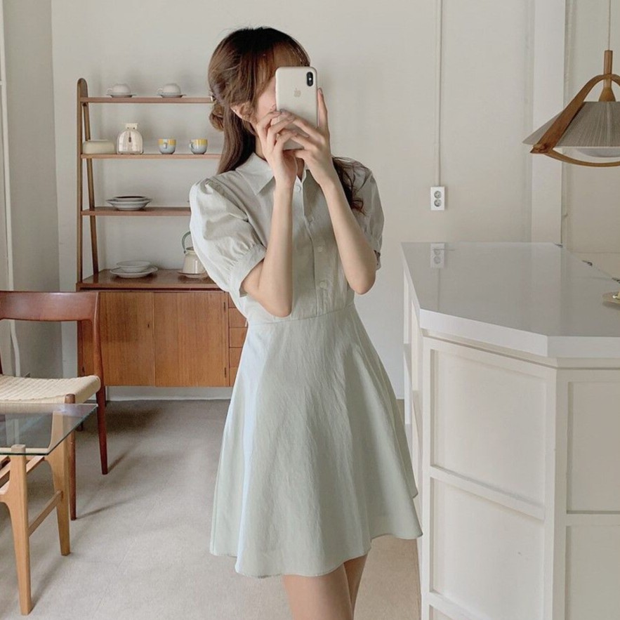 Đầm tay lửng màu xanh bạc hà màu trơn thời trang Hàn Quốc 44778