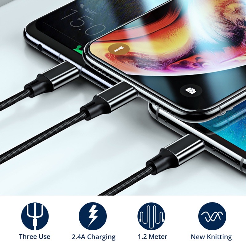 Dây cáp sạc nhanh GUUGEI 3 trong 1 micro usb type-c 2.4a 1.2m thích hợp cho i-Phone 12 Samsung