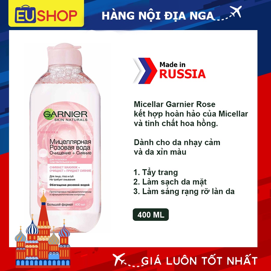 Tẩy trang hoa hồng Micellar Garnier Rose làm sạch và sáng da 400ml