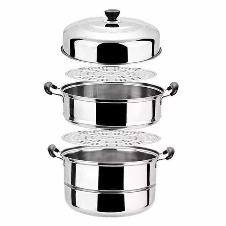 Nồi hấp inox 3 tầng 28cm  tiện lợi - Có thể xếp gọn - tách tầng dễ dàng - Phù hợp mọi loại bếp nấu