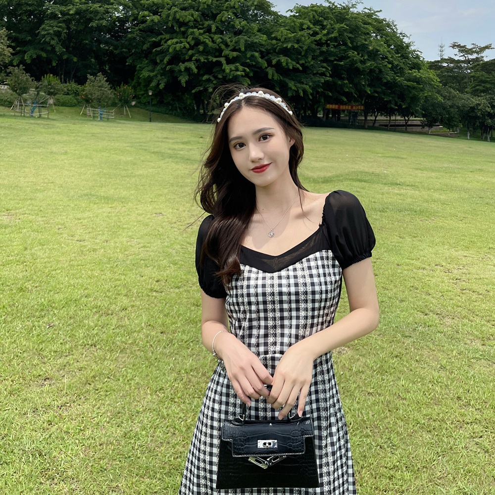 Đầm dài ZHELIHANGFEI tay ngắn họa tiết sọc caro phong cách cổ điển