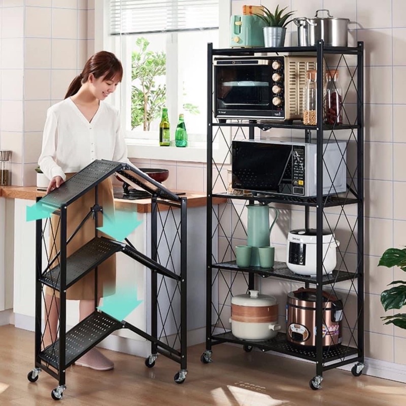Kệ gấp gọn 3-4-5 tầng bản cao cấp thép CARBON sơn tĩnh điện chống rỉ, bánh chân xoay 360 khoá cố định