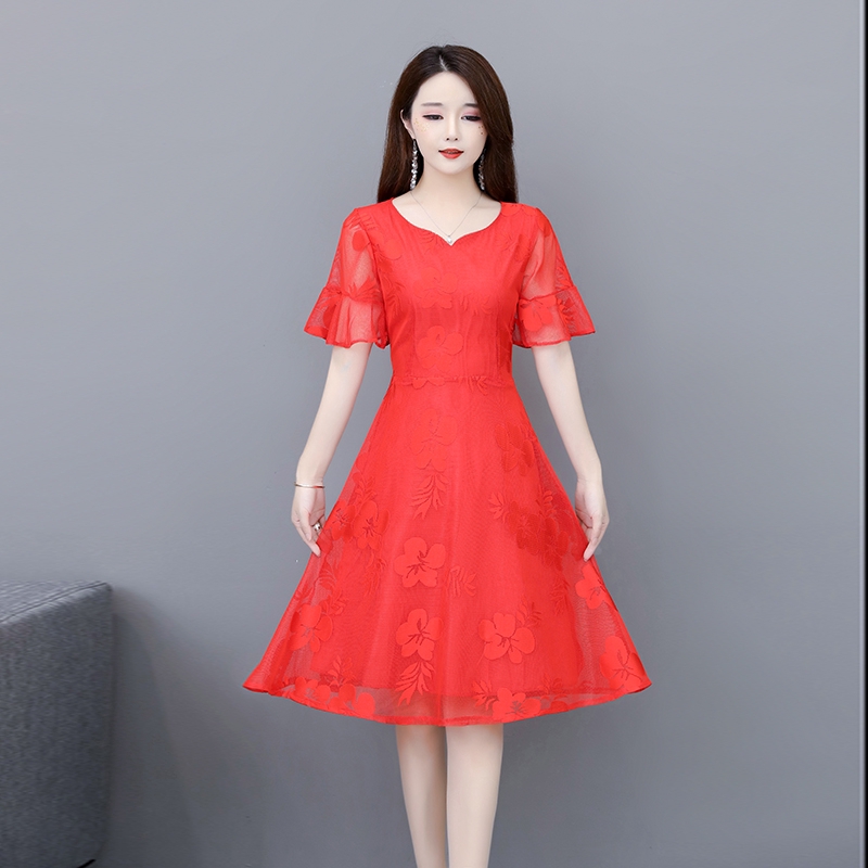 Đầm ren dáng xòe ngắn tay phong cách Hàn Quốc thanh lịch dành cho nữ