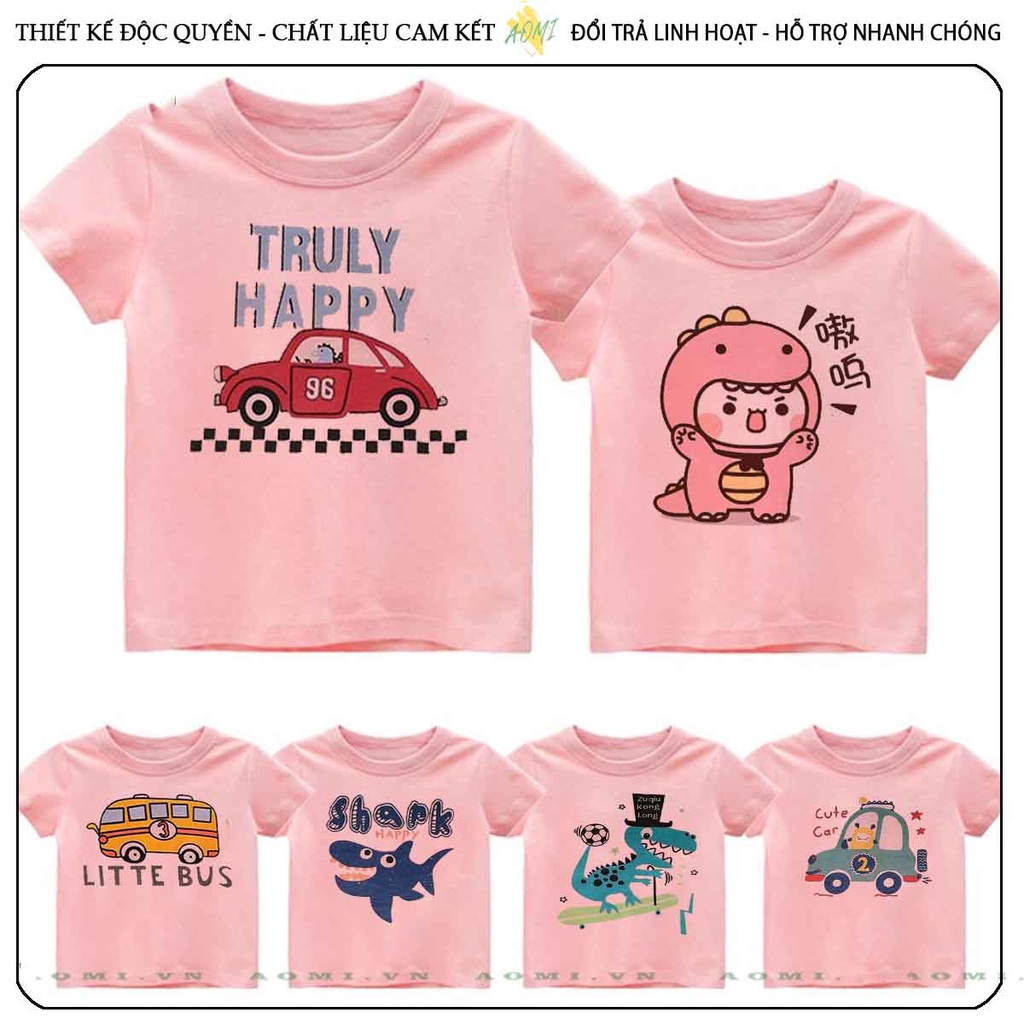 ÁO THUN UNISEX hoat hình khủng long cute PHÔNG HỒNG TAY NGẮN NAM NỮ GIA ĐÌNH CẶP ĐÔI SIZE TRẺ EM BÉ TRAI GÁI AOMIVN
