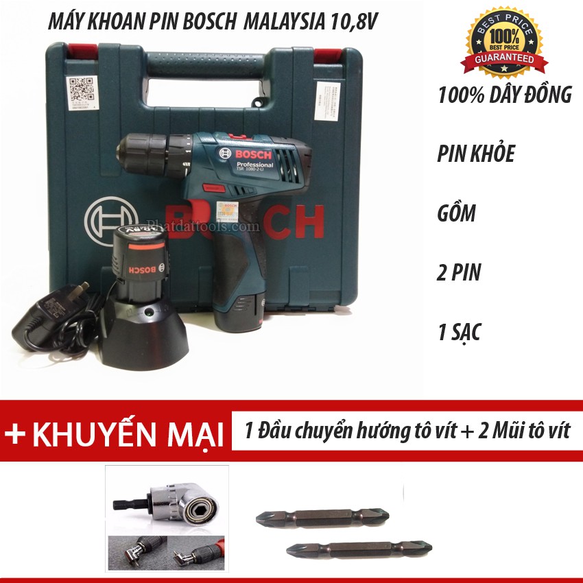 Máy khoan pin Bosch 10.8V tặng 1 đầu chuyển hướng và 2 mũi tô vít Made in Malaysia