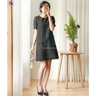 Đầm dạ tweed tua rua túi ốp tay bồng nữ tính Twentyfive N297