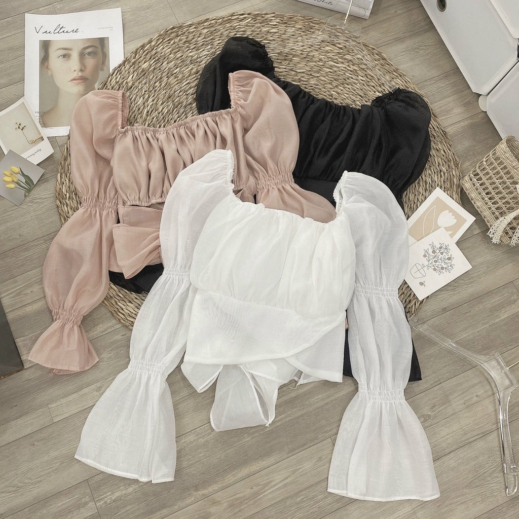 Áo tơ tay phồng rúm ngực thiết kế thắt nơ lưng sang chảnh, điệu đà