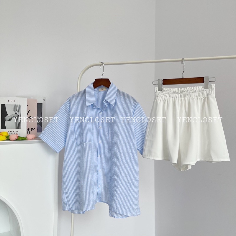 Hình thật [Freeship] - Set áo sơ mi sọc xẻ lưng và short trắng