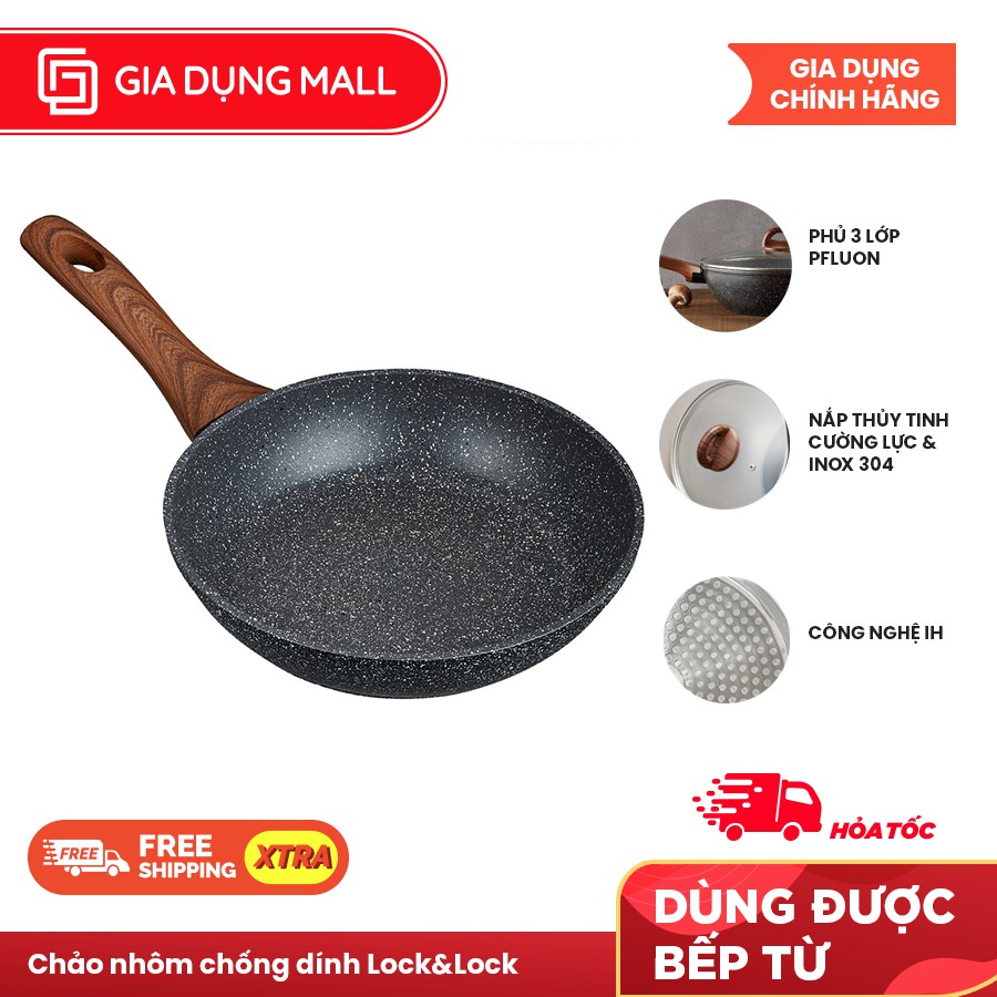 Chảo Nhôm Chống Dính Lock&amp;Lock Baum Marble 1 Tay Cầm Giả Vân Gỗ LBU1203 (20cm) - Hàng Chính Hãng