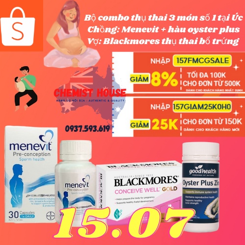 [Hàng chuẩn Úc] Combo Thụ Thai 3 món (Menevit + Hàu Oyster Plus + Blackmores Conceive Well Gold) HSD 2022,2023