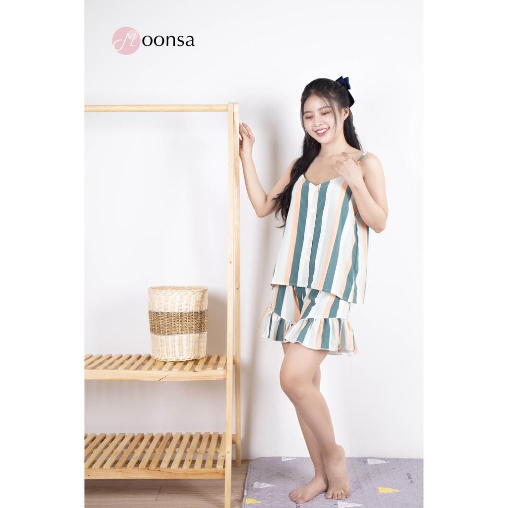 [Mã WARN60 hoàn 15% xu đơn 300k] Bộ Đồ Ngủ Lụa Hàn 2 dây Kẻ Sọc Bèo Nhún [Moonsa]