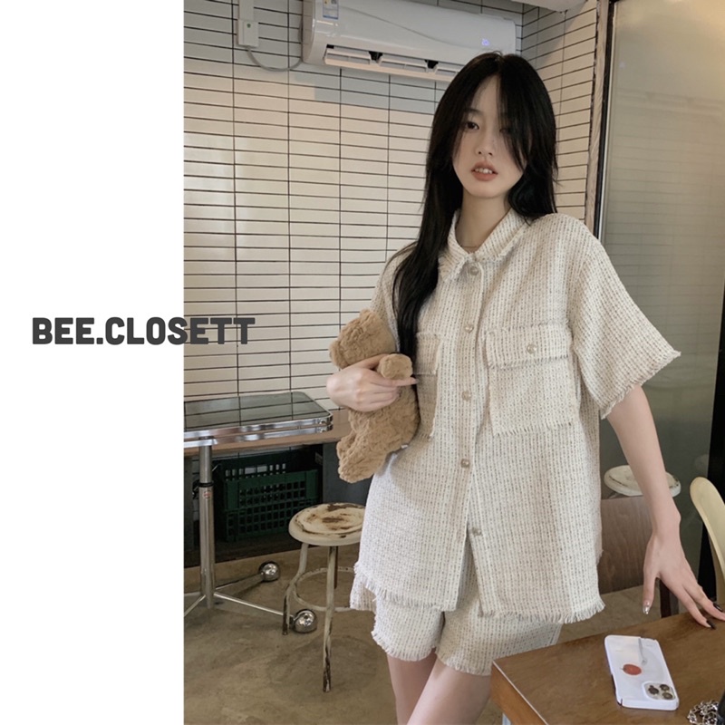 Set dạ tweed mỏng nhẹ gồm áo có túi và quần lưng chun màu trắng xám