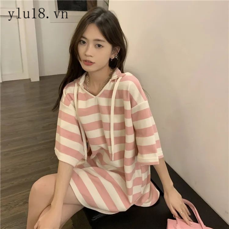 Áo Thun Có Mũ Trùm Tay Ngắn Dáng Rộng Kẻ Sọc Thời Trang Mùa Hè Phong Cách Hàn Quốc Mới Cho Nữ 2022