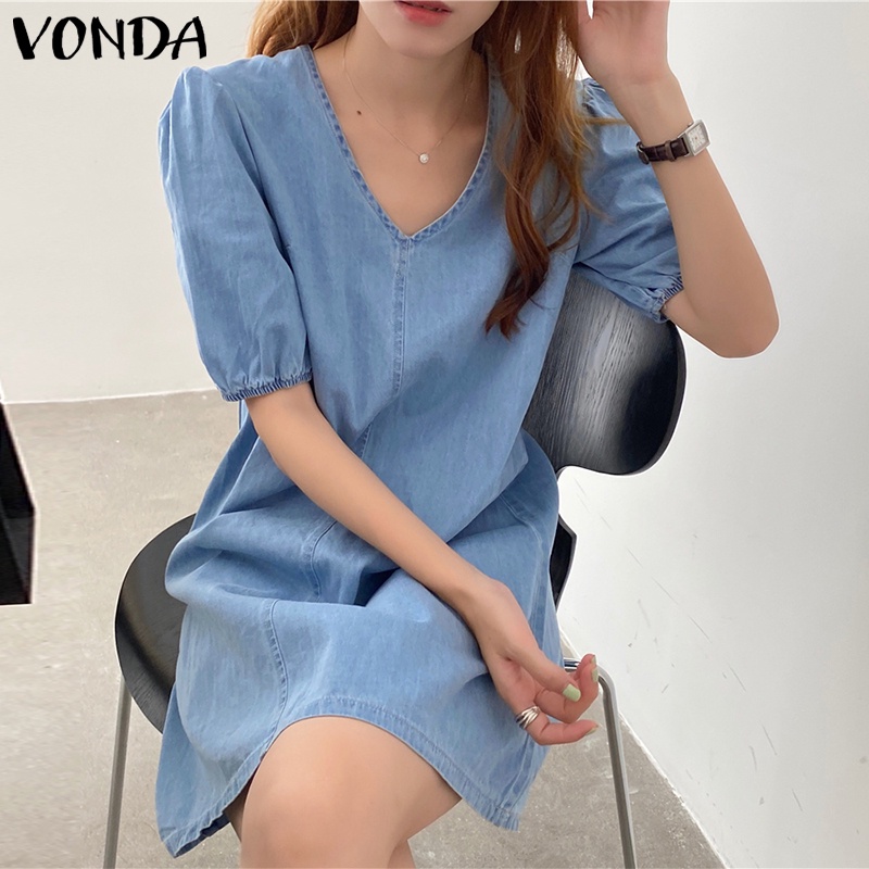 Đầm VONDA tay ngắn cổ chữ V màu trơn thời trang mùa hè phong cách Hàn Quốc dành cho nữ
