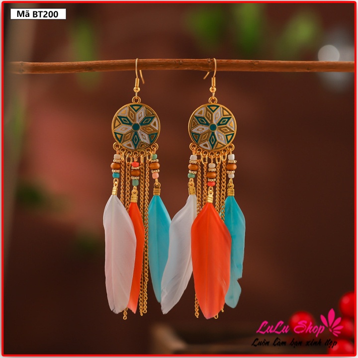Khuyên tai Boho Vintage thiết kế vòng tròn sáng tạo, nhiều màu sắc lông vũ dài mã BT200
