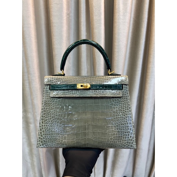 Túi xách nữ Hermes Kelly 25 da cá sấu cao cấp màu xám phối xanh ngọc