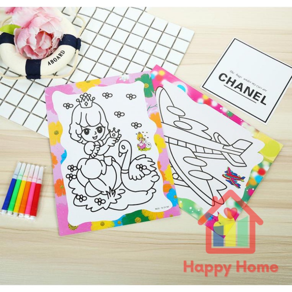 Set 2 tranh tô màu bút dạ cho bé có sẵn bút màu Happy Home