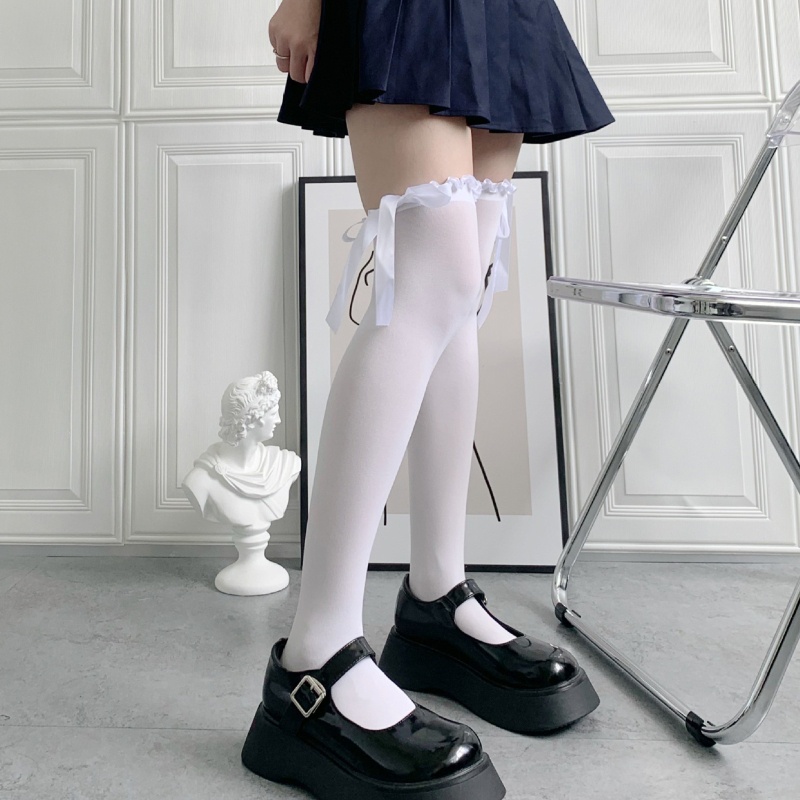 Han Vớ Dài Ngang Đùi Vải Satin Phối Ruy Băng Nhún Bèo Siêu Dài Kiểu Preppy Lolita Nhật Bản Ngọt Ngào Cho Nữ