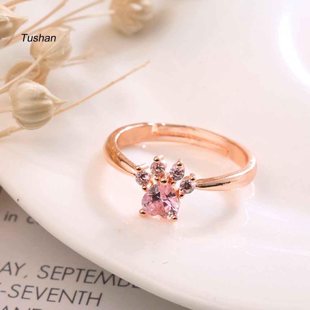 Nhẫn Đính Đá Zircon Hình Dấu Chân Mèo / Trái Tim Có Thể Điều Chỉnh Cho Nữ