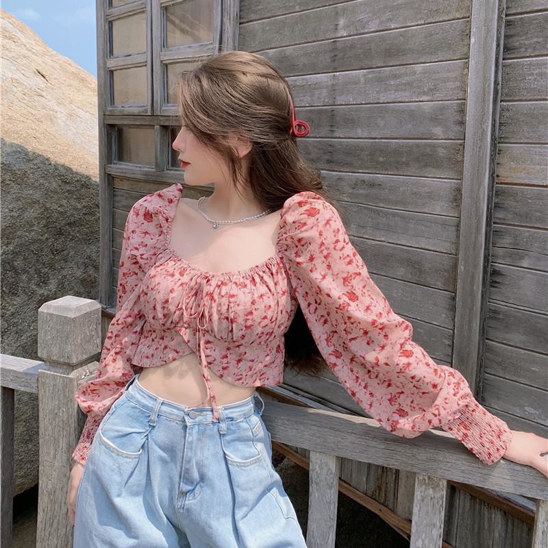 Áo Kiểu Tay Dài Cổ Vuông Chất Chiffon Hoạ Tiết Hoa Cho Phái Nữ | BigBuy360 - bigbuy360.vn