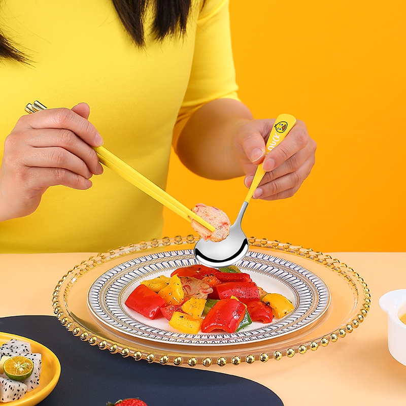 Vịt vàng mới Bộ muỗng đũa nĩa inox cá nhân văn phòng du lịch dễ thương kèm hộp ChiChi