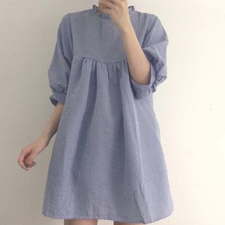 025ĐA - Đầm Babydoll Form Rộng Cổ Tròn Phối Bèo Dễ Thương